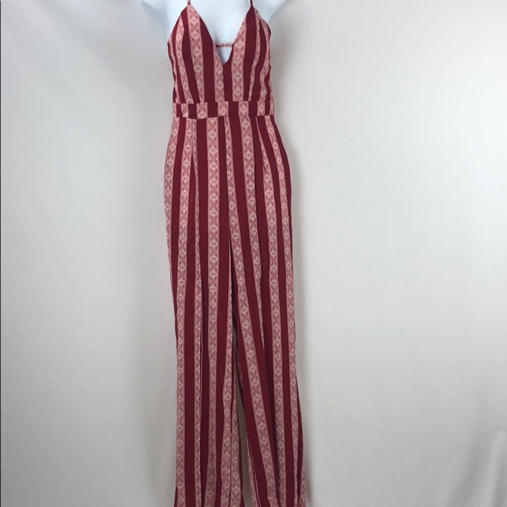 Striped V-Neck Jumpsuit in Burgundy and Cream
